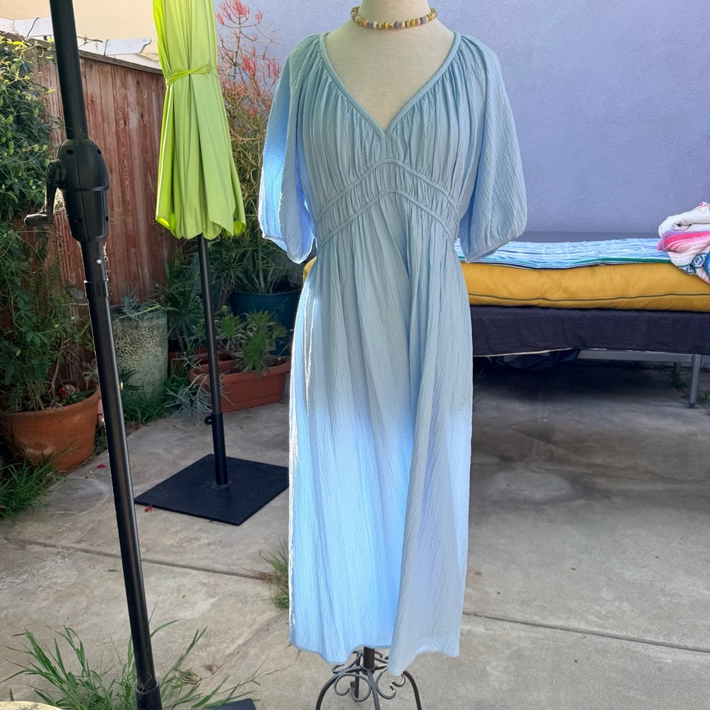 Calvin Klein Light Blue V-Neck Smocked Waist Long Sleeve Dress